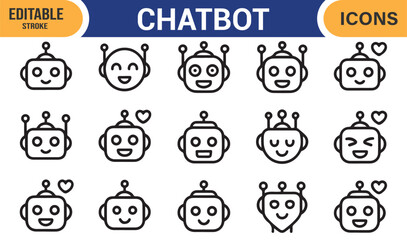 Editable vector chatbot icons with outline style AI robot faces and avatars