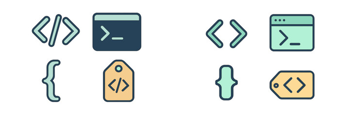Essential programming and web development interface elements featuring code tags and command line windows