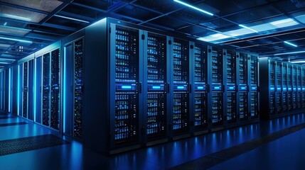 Wall Mural - Modern data center with glowing blue server racks and advanced network infrastructure, perfect for illustrating cloud computing, cybersecurity, IT operations, and digital technology solutions