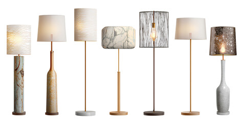  set of different modern floor lamps isolated on a transparent background, cutout as a png file with a white background 