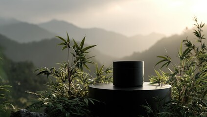 Wall Mural - A dark, cylindrical container sits atop a round, dark surface, amidst lush greenery, framed by a serene mountain vista, bathed in soft, ambient light.