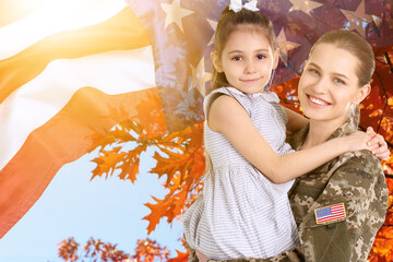 Wall Mural - military woman and her daughter outdoors, double exposure with national flag of usa