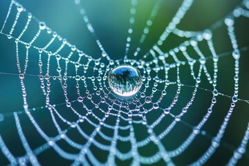 A spiderweb adorned with glistening dew drops, showcasing nature's artistry and creating a mesmerizing, intricate design against a blurry green backdrop.