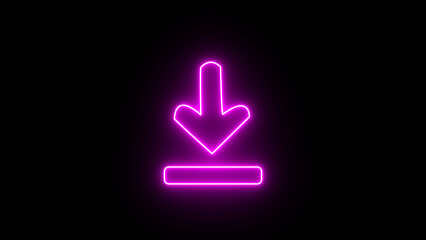 Purple neon download icon on black background