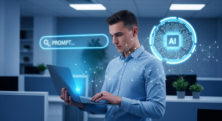 Man using laptop with glowing AI interface and prompt search bar, representing innovation and future technology in modern office