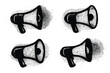 © Kathrin - Grunge spray painted graffiti megaphone set. Dirty retro stencil design elements. Textured vector illustration for protest, announcement or communication concept. Isolated icons.