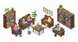 © Ophelia - Isometric living room with people reading on sofas and armchairs
