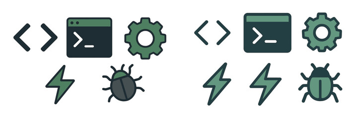 Wall Mural - Design of computer programming icons illustrating debugging and coding tasks in a modern and simple style