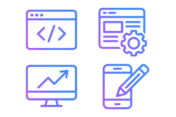Modern gradient line icons set for web design, software development, coding, SEO analytics, and mobile content creation concepts, vector illustration with transparent background