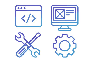 Modern gradient icons web design development concepts, vector cartoon illustration, transparent background, UI UX interface symbols, tools and settings, coding elements