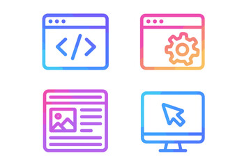 Modern gradient vector icons for web design and development concepts, coding, settings, webpage layout, and desktop pointer, colorful digital technology symbols with transparent background