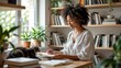 © Julia - Young woman reading, cat leaping from shelf to shelf, cozy library with bookshelves, potted plants, sunlight streaming in. Concept of relaxation, cat leaping from shelf to shelf, pets included.