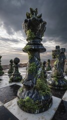 Wall Mural - A large, weathered chess king stands on a vast outdoor chessboard, bathed in a dramatic, overcast sunset light.