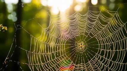Spider web with dew and spider in forest light
