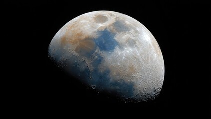 Wall Mural - Close-up view of a detailed lunar surface, showcasing craters and nuanced tones of gray, beige, and muted blue.