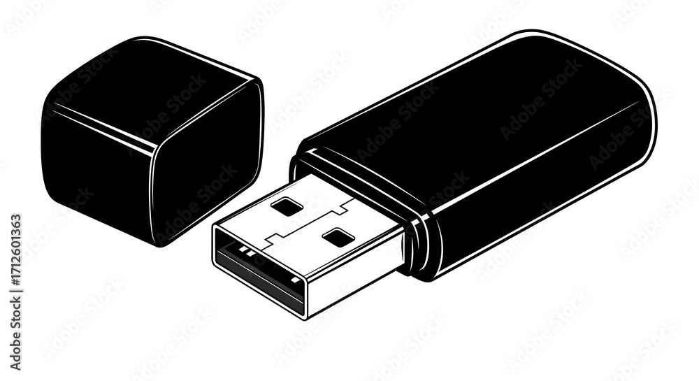 Monochrome vector icon of an open USB memory stick for portable data ...