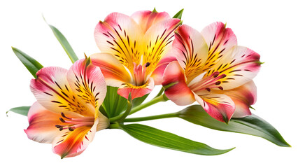 Beautiful alstroemeria flowers with pink and yellow petals and green leaves isolated on transparent background, creating a vibrant and eyecatching floral display