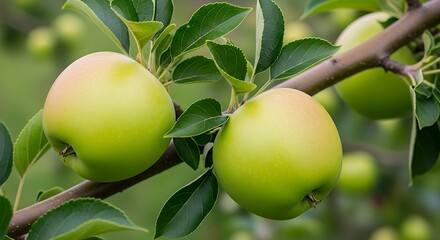 green apples ripening on a tree branch surrounded by leaves.
