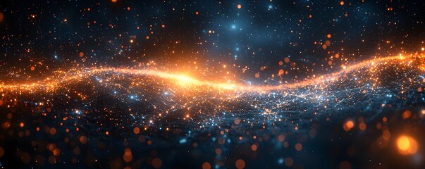 Wall Mural - Abstract digital wave of glowing particles and luminous light trails creating a dynamic interconnected network in a cosmic expanse