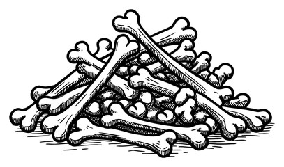 Wall Mural - pile of bones black and white outline line art drawing of skeleton parts ancient style isolated