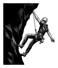 Wall Mural - vigorous cliff climber engaged in perilous rock climbing sport black and white outline line art draw