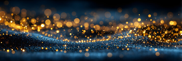 Wall Mural - Abstract background with Dark blue and gold particle. Christmas Golden light shine particles bokeh on navy blue background
