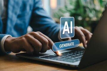 Close up of hands typing on a laptop with a glowing ai generate button and ai symbol overlayed on screen