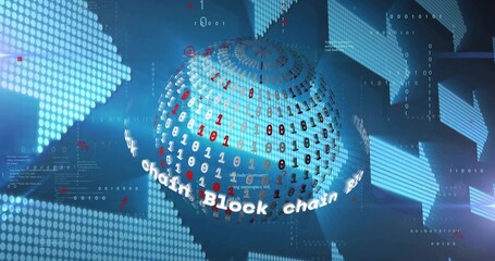 Wall Mural - Showing blockchain globe rotating in digital network space, with 