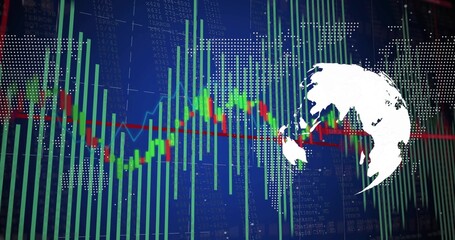 Wall Mural - Showing globe on right of screen with candlestick bars, red trend line, code overlays, copy space