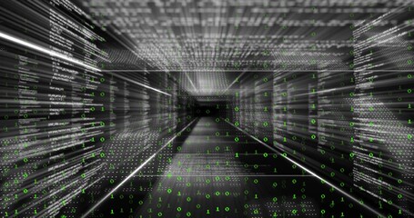 Wall Mural - Streaming tunnel in corridor showing scrolling code panels, grid lines and floating green bits