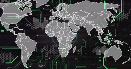 Wall Mural - World map outlines glowing on grid background, with neon-green circuit traces and binary digits