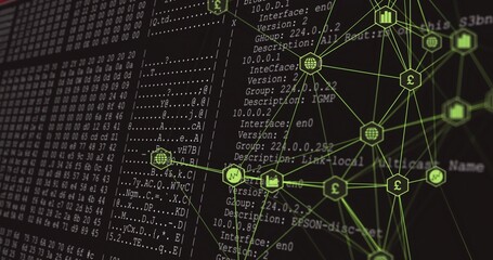 Wall Mural - Network graph overlaying monospace code and ASCII art on screen, with neon green nodes and icons