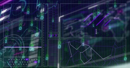 Wall Mural - Displaying multi-panel console view, with binary streams, network graph, percentage readouts