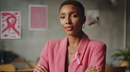 Wall Mural - a thoughtful young african american woman with a short haircut poses in a pink blazer and necklace featuring a pink ribbon, likely in support of breast cancer awareness.