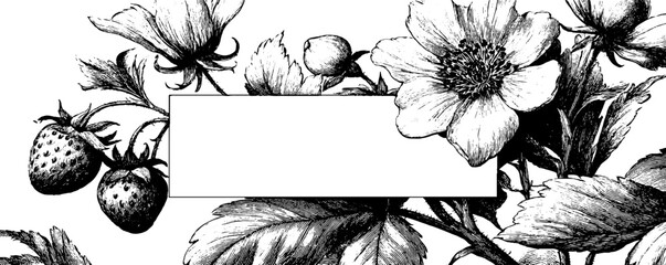 Wall Mural - Vintage strawberry and floral frame design for banners or labels