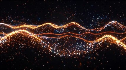 Abstract orange and blue light color wavy particles on black background
