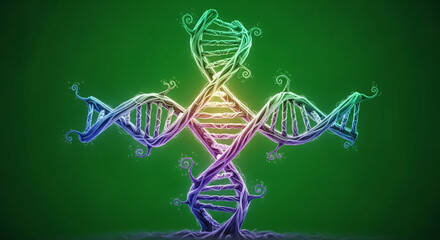 Intricate DNA strand artwork with vibrant colors on green offers a striking modern scientific concept