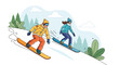 © meeblues - Flat style illustration of a couple snowboarding down a mountain slope, enjoying winter sports, adventure, and outdoor fun in a scenic snowy landscape with pine trees and peaks