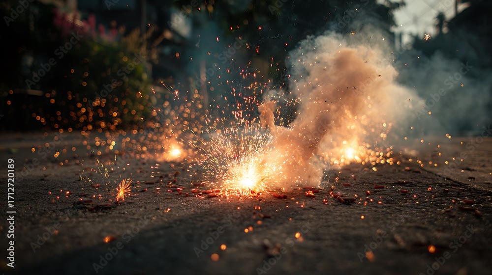 Fire Crakers Exploding Ground level view of a firecracker explosion with smoke and sparks ...
