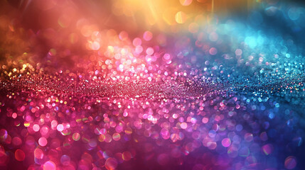 Pastel rainbow light and glitter texture softly diffused across a neutral wall, evenly lit with gentle highlights and realistic shadow depth, leaving one side clear for text
