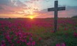 © Nira - Wooden cross in a field of vibrant pink flowers at sunset