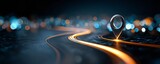3D render of sleek curved road with location pin on digital map, futuristic travel and global connection concept