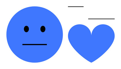 Wall Mural - Minimalistic blue face with neutral expression next to a heart, offset by lines signifying movement. Ideal for emotion study, balance, psychology, design, communication, expression, simple landing