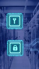 Wall Mural - animation of key and padlock icon and data processing over computer servers