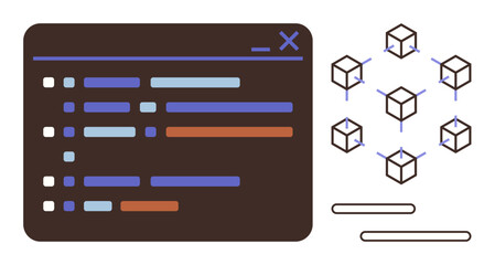 Coding interface panel and interconnected cube network. Ideal for blockchain, programming, software development, technology, data sharing, decentralization, innovation. Simple flat metaphor