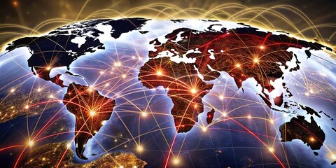 Wall Mural - abstract digital world map with connection lines on dark best colorful background.