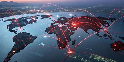 Wall Mural - abstract digital world map with connection lines on dark best colorful background.