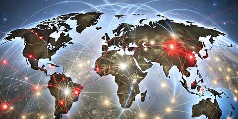 Wall Mural - abstract digital world map with connection lines on dark best colorful background.