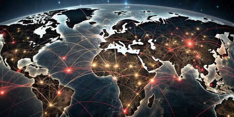 Wall Mural - abstract digital world map with connection lines on dark best colorful background.