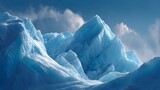 Majestic and dramatic polar landscape featuring sharp jagged blue ice formations and glaciers sculpted by nature under a vast sky with dynamic clouds
